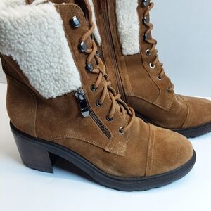 Marc Fisher Lansley Tan Suede Shearling Laceup/Zipper Faux Fur Boots/Heel